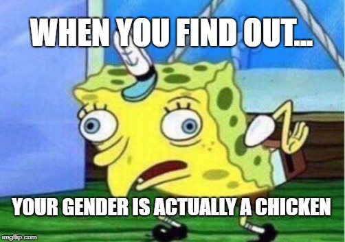 Mocking Spongebob Meme | WHEN YOU FIND OUT... YOUR GENDER IS ACTUALLY A CHICKEN | image tagged in memes,mocking spongebob | made w/ Imgflip meme maker