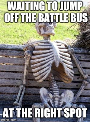 Waiting Skeleton | WAITING TO JUMP OFF THE BATTLE BUS; AT THE RIGHT SPOT | image tagged in memes,waiting skeleton | made w/ Imgflip meme maker