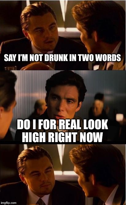 Inception Meme | SAY I’M NOT DRUNK IN TWO WORDS; DO I FOR REAL LOOK HIGH RIGHT NOW | image tagged in memes,inception | made w/ Imgflip meme maker