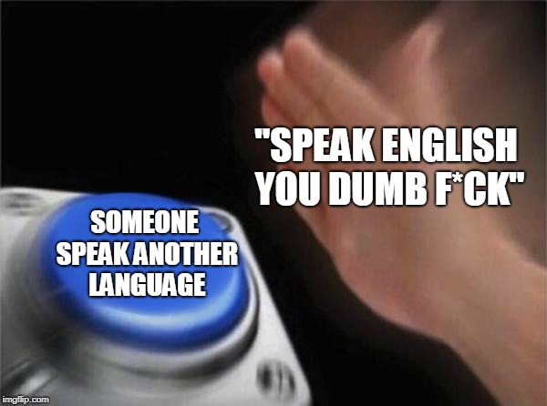 Blank Nut Button | "SPEAK ENGLISH YOU DUMB F*CK"; SOMEONE SPEAK ANOTHER LANGUAGE | image tagged in memes,blank nut button | made w/ Imgflip meme maker