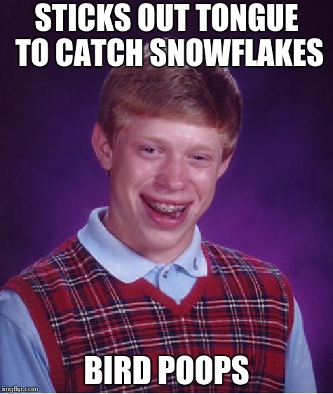 Bad Luck Brian | STICKS OUT TONGUE TO CATCH SNOWFLAKES; BIRD POOPS | image tagged in memes,bad luck brian | made w/ Imgflip meme maker