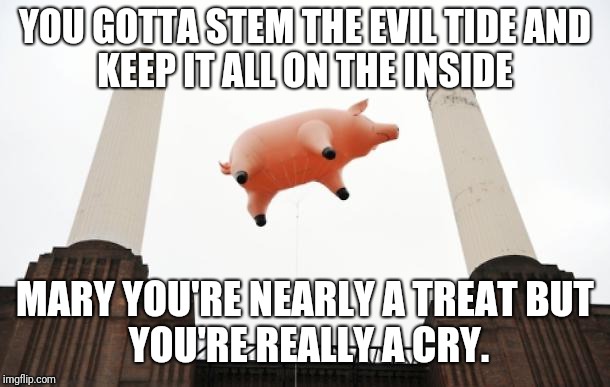 YOU GOTTA STEM THE EVIL TIDE
AND KEEP IT ALL ON THE INSIDE MARY YOU'RE NEARLY A TREAT
BUT YOU'RE REALLY A CRY. | made w/ Imgflip meme maker