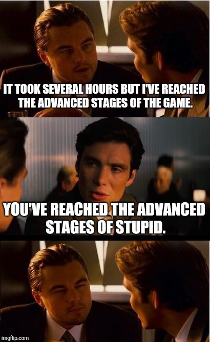 Inception Meme | IT TOOK SEVERAL HOURS BUT I'VE REACHED THE ADVANCED STAGES OF THE GAME. YOU'VE REACHED THE ADVANCED STAGES OF STUPID. | image tagged in memes,inception | made w/ Imgflip meme maker