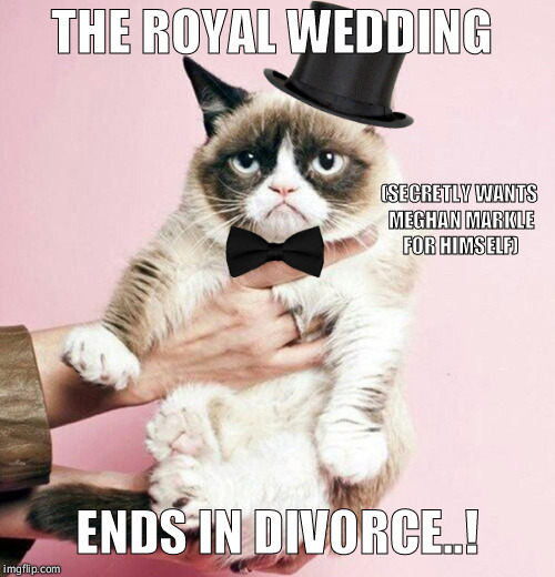 Meghan is mine!  | THE ROYAL WEDDING; (SECRETLY WANTS MEGHAN MARKLE FOR HIMSELF); ENDS IN DIVORCE..! | image tagged in funny,grumpy cat,wedding,wedding crashers,royals,uk | made w/ Imgflip meme maker