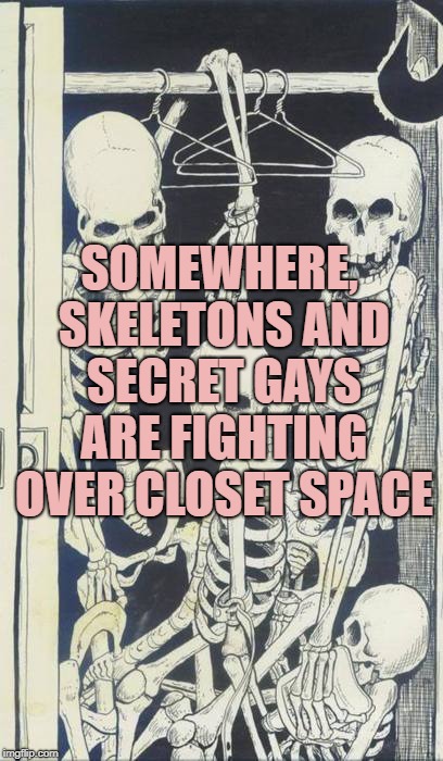 Skeletons In The Closet | SOMEWHERE, SKELETONS AND SECRET GAYS ARE FIGHTING OVER CLOSET SPACE | image tagged in skeletons in the closet,gay,funny,memes,funny memes | made w/ Imgflip meme maker