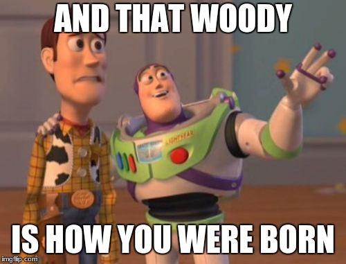 X, X Everywhere | AND THAT WOODY; IS HOW YOU WERE BORN | image tagged in memes,x x everywhere | made w/ Imgflip meme maker