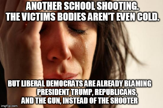 First World Problems Meme | ANOTHER SCHOOL SHOOTING.     THE VICTIMS BODIES AREN'T EVEN COLD. BUT LIBERAL DEMOCRATS ARE ALREADY BLAMING           PRESIDENT TRUMP, REPUBLICANS, AND THE GUN, INSTEAD OF THE SHOOTER | image tagged in democrats,liberals,gun control,republicans | made w/ Imgflip meme maker
