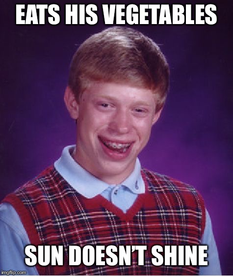 Well, more time for computer games, right? | EATS HIS
VEGETABLES; SUN DOESN’T SHINE | image tagged in memes,bad luck brian,vegetables,sunshine | made w/ Imgflip meme maker