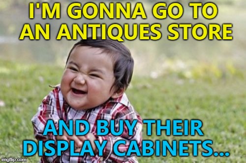 Surely everything's for sale... :) | I'M GONNA GO TO AN ANTIQUES STORE; AND BUY THEIR DISPLAY CABINETS... | image tagged in memes,evil toddler,antiques | made w/ Imgflip meme maker