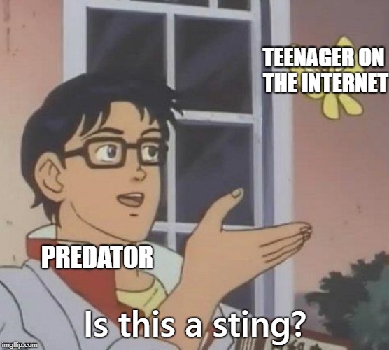 Is This a Cop? | TEENAGER ON THE INTERNET; PREDATOR; Is this a sting? | image tagged in is this a pigeon,chris hansen,predator,pedophile,to catch a predator | made w/ Imgflip meme maker