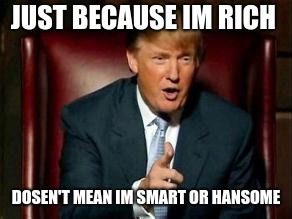 Donald Trump | JUST BECAUSE IM RICH; DOSEN'T MEAN IM SMART OR HANSOME | image tagged in donald trump | made w/ Imgflip meme maker
