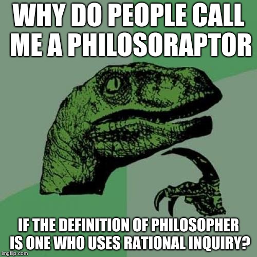 Self-Reflecting Philosoraptor | WHY DO PEOPLE CALL ME A PHILOSORAPTOR; IF THE DEFINITION OF PHILOSOPHER IS ONE WHO USES RATIONAL INQUIRY? | image tagged in philosoraptor,logic,thinking,confused,inspirational memes,philosopher | made w/ Imgflip meme maker