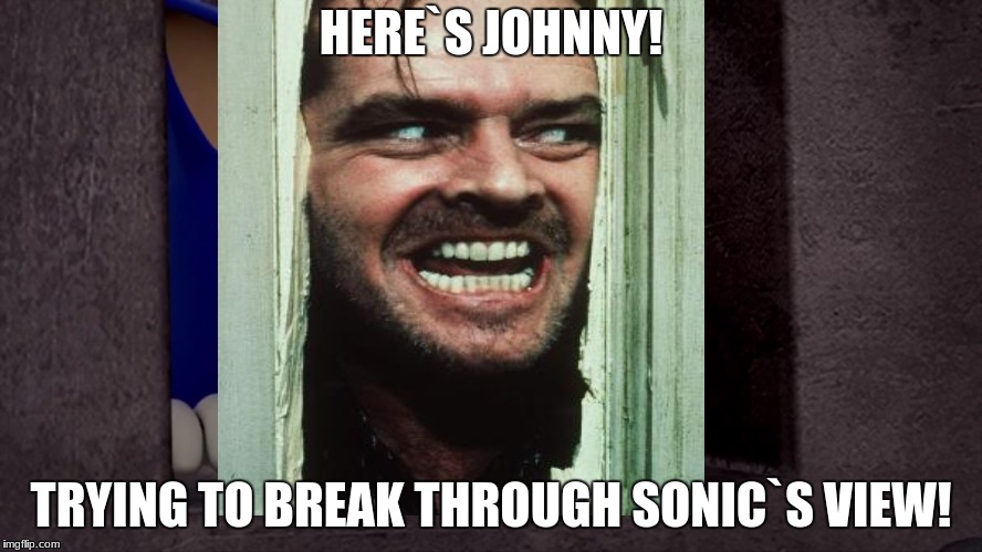 Sonic is Not Impressed - Sonic Boom | HERE`S JOHNNY! TRYING TO BREAK THROUGH SONIC`S VIEW! | image tagged in sonic is not impressed - sonic boom | made w/ Imgflip meme maker