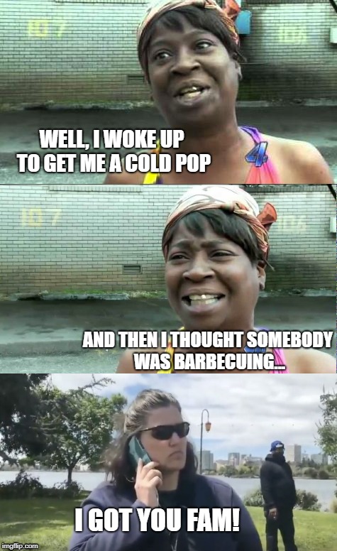 BBQ Blocker | WELL, I WOKE UP TO GET ME A COLD POP; AND THEN I THOUGHT SOMEBODY WAS BARBECUING... I GOT YOU FAM! | image tagged in sweet brown,bbq lady,jennifer schulte | made w/ Imgflip meme maker