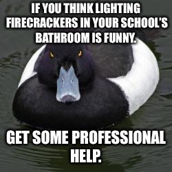 Angry Advice Mallard | IF YOU THINK LIGHTING FIRECRACKERS IN YOUR SCHOOL’S BATHROOM IS FUNNY. GET SOME PROFESSIONAL HELP. | image tagged in angry advice mallard,AdviceAnimals | made w/ Imgflip meme maker