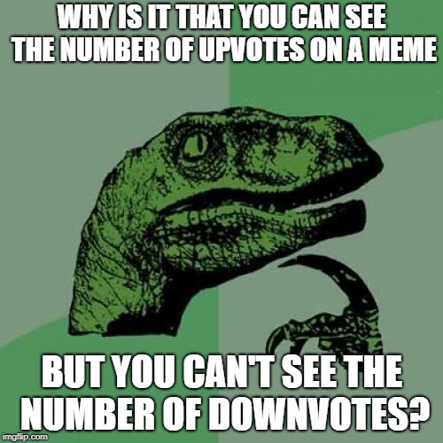 Philosoraptor |  WHY IS IT THAT YOU CAN SEE THE NUMBER OF UPVOTES ON A MEME; BUT YOU CAN'T SEE THE NUMBER OF DOWNVOTES? | image tagged in memes,philosoraptor,doctordoomsday180,upvote,downvote,number | made w/ Imgflip meme maker