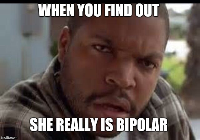 Wtf look face ice cube friday | WHEN YOU FIND OUT; SHE REALLY IS BIPOLAR | image tagged in wtf look face ice cube friday | made w/ Imgflip meme maker