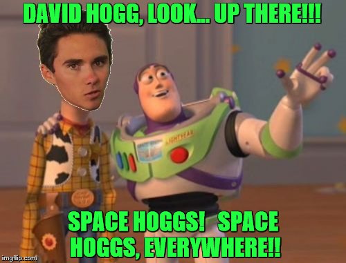 X, X Everywhere Meme | DAVID HOGG, LOOK... UP THERE!!! SPACE HOGGS!  
SPACE HOGGS, EVERYWHERE!! | image tagged in memes,x x everywhere | made w/ Imgflip meme maker