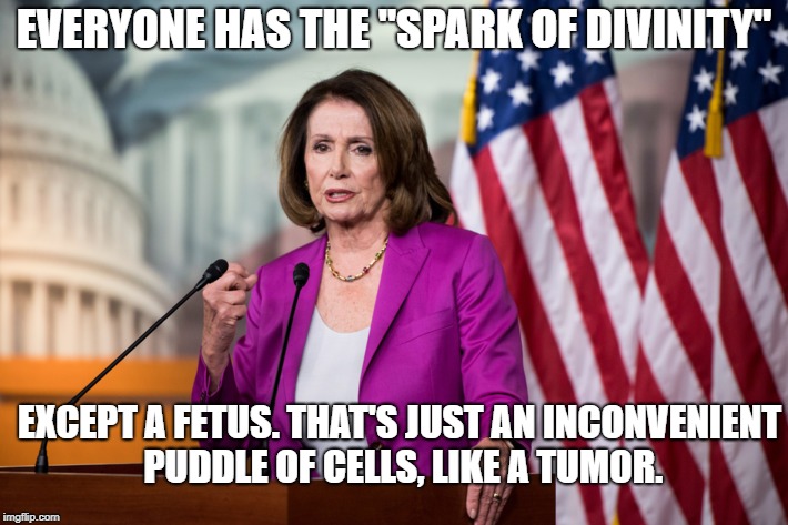 Spark of Divinity | EVERYONE HAS THE "SPARK OF DIVINITY"; EXCEPT A FETUS. THAT'S JUST AN INCONVENIENT PUDDLE OF CELLS, LIKE A TUMOR. | image tagged in nancy pelosi,abortion,spark of divinity | made w/ Imgflip meme maker