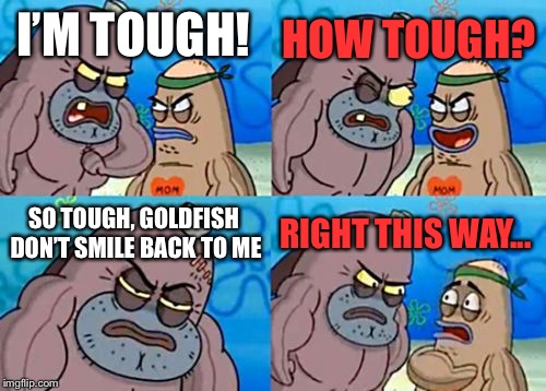 Goldfish | HOW TOUGH? I’M TOUGH! SO TOUGH, GOLDFISH DON’T SMILE BACK TO ME; RIGHT THIS WAY... | image tagged in memes,how tough are you | made w/ Imgflip meme maker