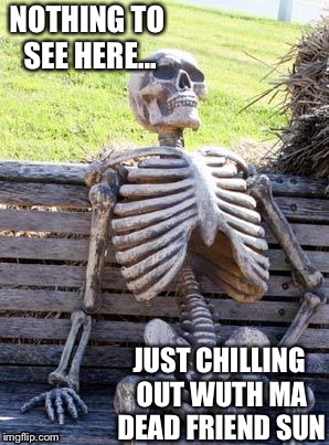 Waiting Skeleton | NOTHING TO SEE HERE... JUST CHILLING OUT WUTH MA DEAD FRIEND SUN | image tagged in memes,waiting skeleton | made w/ Imgflip meme maker