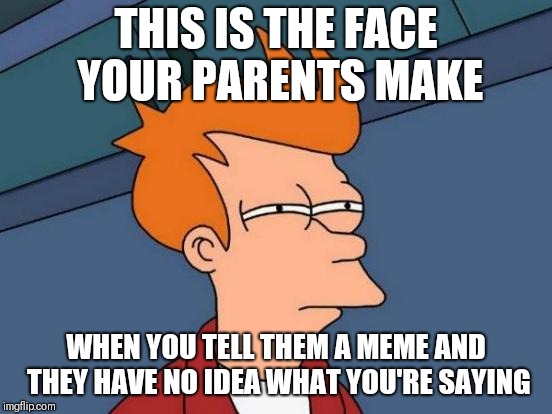 Futurama Fry | THIS IS THE FACE YOUR PARENTS MAKE; WHEN YOU TELL THEM A MEME AND THEY HAVE NO IDEA WHAT YOU'RE SAYING | image tagged in memes,futurama fry | made w/ Imgflip meme maker