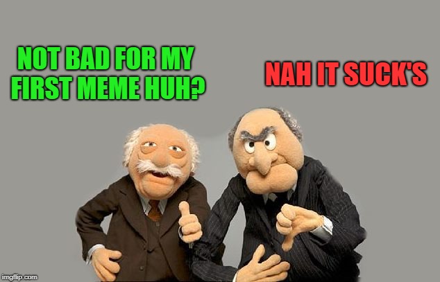 grumpy old men | NOT BAD FOR MY FIRST MEME HUH? NAH IT SUCK'S | image tagged in grumpy old men | made w/ Imgflip meme maker
