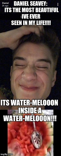 daniel would say this, he LOVES watermeloon | DANIEL SEAVEY:  ITS THE MOST BEAUTIFUL IVE EVER SEEN IN MY LIFE!!!! ITS WATER-MELOOON INSIDE A WATER-MELOOON!!! | image tagged in watermelooon,daniel seavey | made w/ Imgflip meme maker