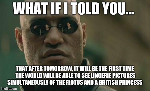 Matrix Morpheus Meme | WHAT IF I TOLD YOU... THAT AFTER TOMORROW, IT WILL BE THE FIRST TIME THE WORLD WILL BE ABLE TO SEE LINGERIE PICTURES SIMULTANEOUSLY OF THE FLOTUS AND A BRITISH PRINCESS | image tagged in memes,matrix morpheus | made w/ Imgflip meme maker