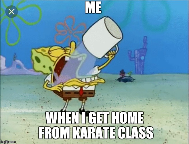 me after karate class | ME; WHEN I GET HOME FROM KARATE CLASS | image tagged in spongebob drinking water | made w/ Imgflip meme maker