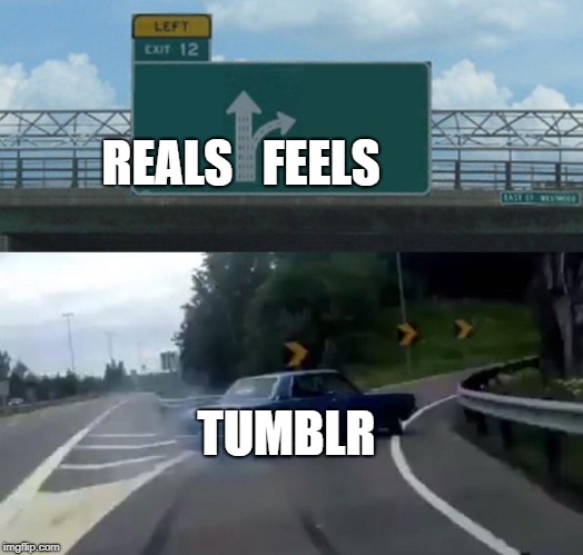 Left Exit 12 Off Ramp | REALS   FEELS; TUMBLR | image tagged in memes,left exit 12 off ramp | made w/ Imgflip meme maker