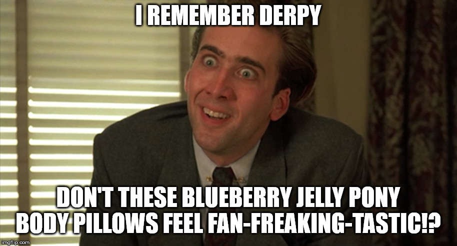 I REMEMBER DERPY; DON'T THESE BLUEBERRY JELLY PONY BODY PILLOWS FEEL FAN-FREAKING-TASTIC!? | made w/ Imgflip meme maker