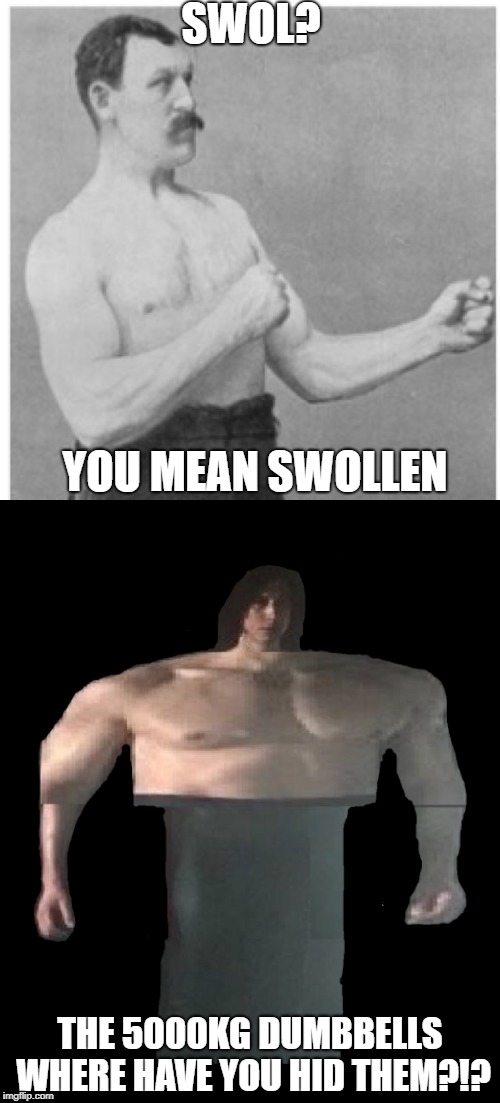 Overly Manly Man meets Ben Swolo | SWOL? YOU MEAN SWOLLEN; THE 5000KG DUMBBELLS WHERE HAVE YOU HID THEM?!? | image tagged in memes,overly manly man,kylo ren,swole | made w/ Imgflip meme maker
