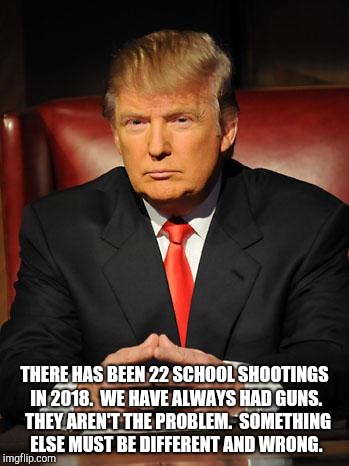 Serious Trump |  THERE HAS BEEN 22 SCHOOL SHOOTINGS IN 2018.  WE HAVE ALWAYS HAD GUNS.  THEY AREN'T THE PROBLEM.  SOMETHING ELSE MUST BE DIFFERENT AND WRONG. | image tagged in serious trump | made w/ Imgflip meme maker