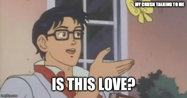 Is This a Pigeon | MY CRUSH TALKING TO ME; IS THIS LOVE? | image tagged in is this a pigeon | made w/ Imgflip meme maker