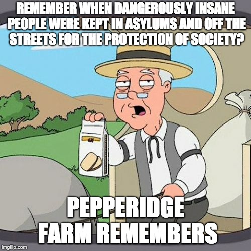 Pepperidge Farm Remembers | REMEMBER WHEN DANGEROUSLY INSANE PEOPLE WERE KEPT IN ASYLUMS AND OFF THE STREETS FOR THE PROTECTION OF SOCIETY? PEPPERIDGE FARM REMEMBERS | image tagged in memes,pepperidge farm remembers | made w/ Imgflip meme maker