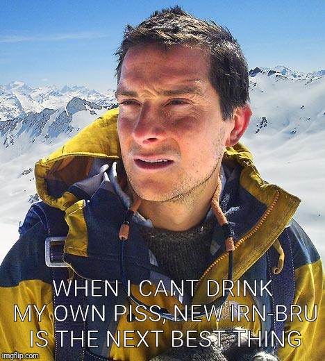 Bear Grylls | WHEN I CANT DRINK MY OWN PISS, NEW IRN-BRU IS THE NEXT BEST THING | image tagged in memes,bear grylls | made w/ Imgflip meme maker