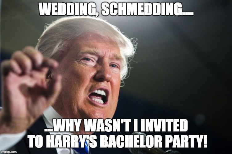 donald trump | WEDDING, SCHMEDDING.... ...WHY WASN'T I INVITED TO HARRY'S BACHELOR PARTY! | image tagged in donald trump | made w/ Imgflip meme maker