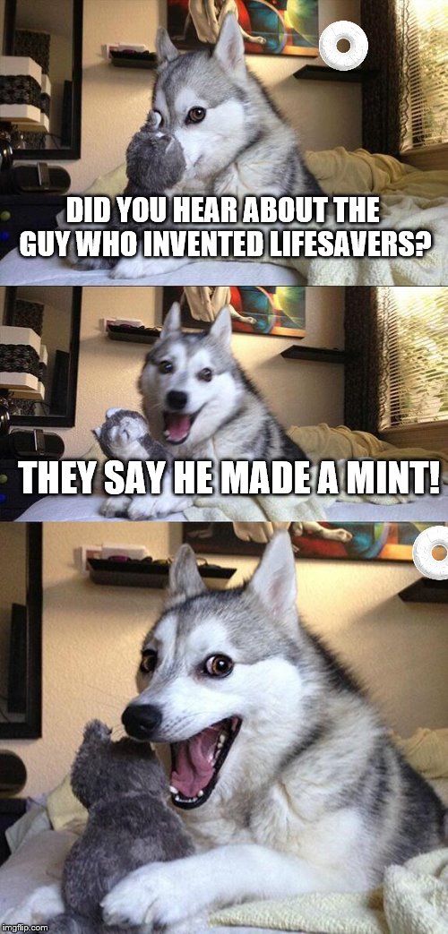 Keep on trying doggo | DID YOU HEAR ABOUT THE GUY WHO INVENTED LIFESAVERS? THEY SAY HE MADE A MINT! | image tagged in memes,bad pun dog | made w/ Imgflip meme maker