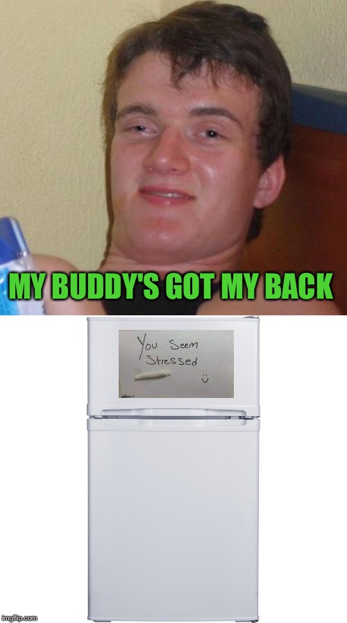 A friend in need... | MY BUDDY'S GOT MY BACK | image tagged in 10 guy,joint,fridge,memes,funny | made w/ Imgflip meme maker