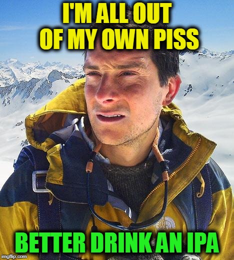 Because IPAs are basically skunk Piss | I'M ALL OUT OF MY OWN PISS; BETTER DRINK AN IPA | image tagged in memes,bear grylls,funny,truth,mxm | made w/ Imgflip meme maker