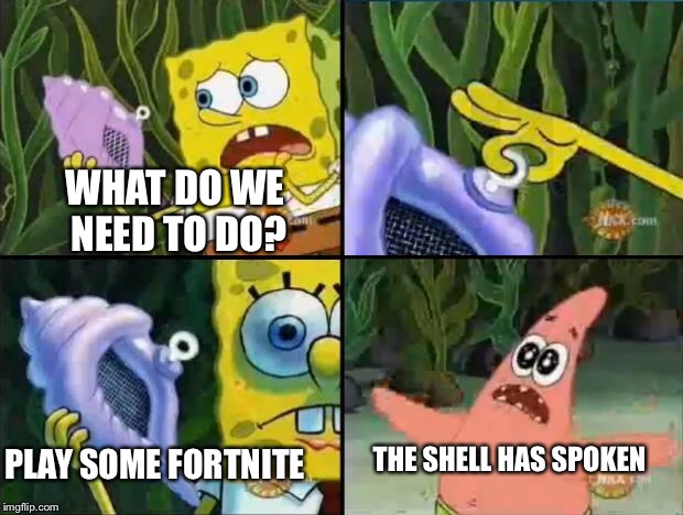 Spongebob | WHAT DO WE NEED TO DO? PLAY SOME FORTNITE; THE SHELL HAS SPOKEN | image tagged in spongebob,the shell has spoken | made w/ Imgflip meme maker
