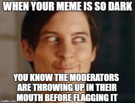 Spiderman Peter Parker Meme | WHEN YOUR MEME IS SO DARK; YOU KNOW THE MODERATORS ARE THROWING UP IN THEIR MOUTH BEFORE FLAGGING IT | image tagged in memes,spiderman peter parker | made w/ Imgflip meme maker