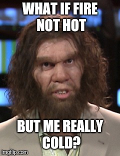 Sudden Clarity Caveman | WHAT IF FIRE NOT HOT; BUT ME REALLY COLD? | image tagged in sudden clarity caveman | made w/ Imgflip meme maker