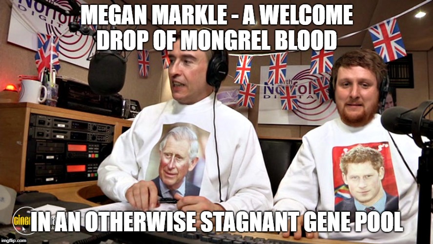 Alan Partridge on Megan Markle | MEGAN MARKLE - A WELCOME DROP OF MONGREL BLOOD; IN AN OTHERWISE STAGNANT GENE POOL | image tagged in alan partridge,megan markle,royal wedding,mid morning matters | made w/ Imgflip meme maker