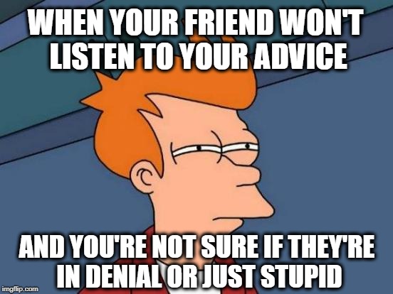 Are You Stupid Or In Denial? | WHEN YOUR FRIEND WON'T LISTEN TO YOUR ADVICE; AND YOU'RE NOT SURE IF THEY'RE IN DENIAL OR JUST STUPID | image tagged in memes,futurama fry,denial,stupid people,friends,funny memes | made w/ Imgflip meme maker