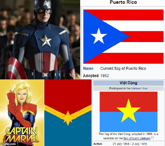 Captain Puerto Rico and Captain Viet Nam | image tagged in puerto rico,viet cong,captain america,captain marvel,marvel,super hero | made w/ Imgflip meme maker