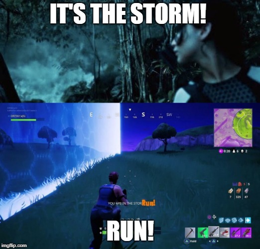 The storm  | IT'S THE STORM! RUN! | image tagged in fortnite storm meme,fortnite storm memes,poison fog memes,hunger games memes,hunger games catchig fire memes | made w/ Imgflip meme maker
