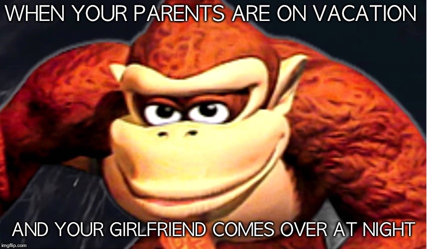 The Face For Seducing Your Girlfriend... | WHEN YOUR PARENTS ARE ON VACATION; AND YOUR GIRLFRIEND COMES OVER AT NIGHT | image tagged in donkey kongs seducing face | made w/ Imgflip meme maker