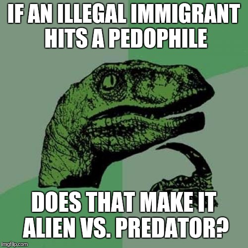 Philosoraptor | IF AN ILLEGAL IMMIGRANT HITS A PEDOPHILE; DOES THAT MAKE IT ALIEN VS. PREDATOR? | image tagged in memes,philosoraptor | made w/ Imgflip meme maker